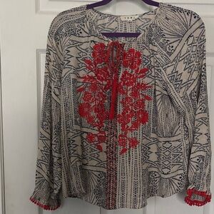 THML Red Embroidered Blue Patterned Blouse